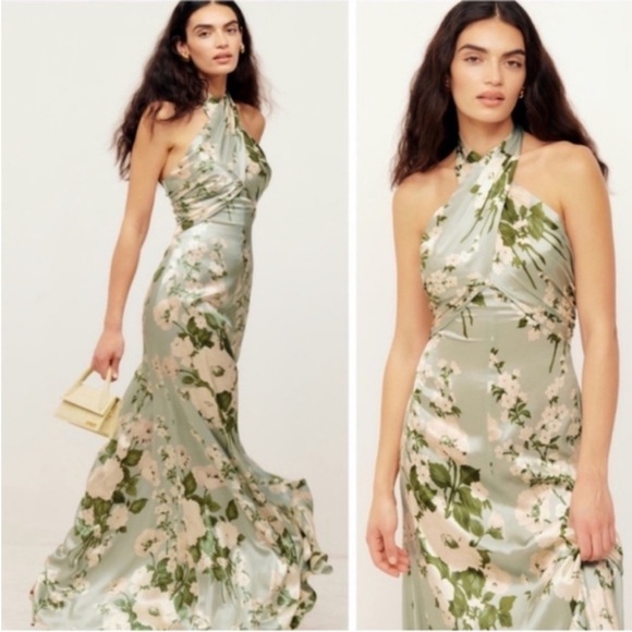 Reformation Dresses & Skirts - Reformation Veria Silk Halter Maxi Dress in Green and Cream